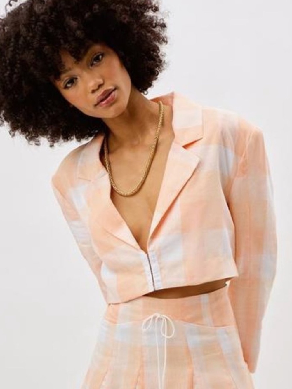 FOR LOVE AND LEMONS Eugenie Plaid Cropped Blazer Linen Blend‎ Tangerine Orange